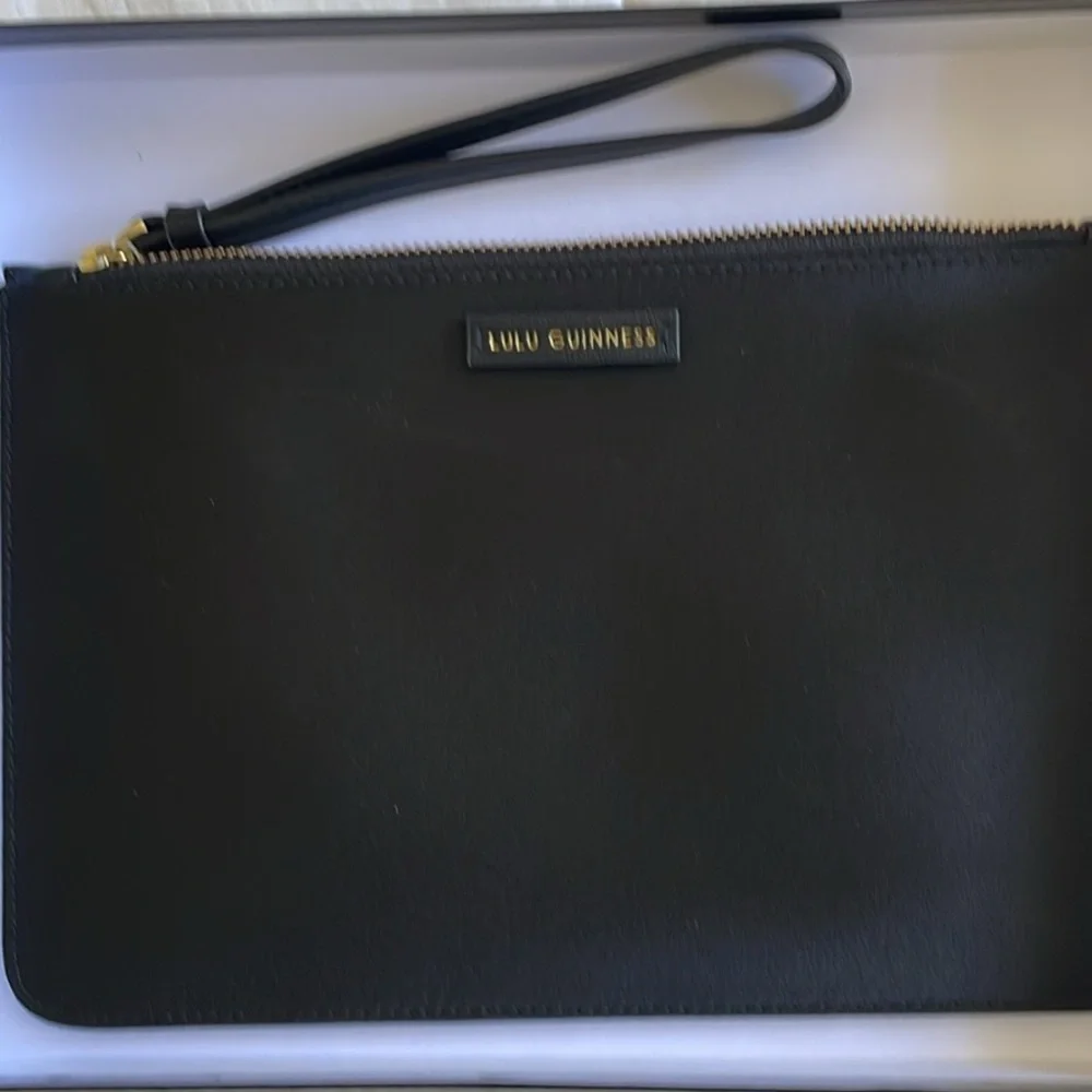 Lulu Guinness black satin pouch with gold glitter lip logo and wrist strap - Picture 3 of 5